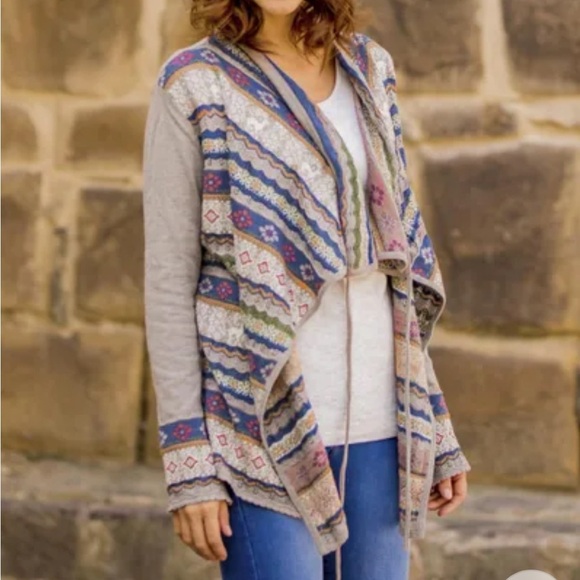 Novica Peru Sacred Valley Waterfall Embroidered Knit Cardigan Sweater Llama S - Picture 1 of 6